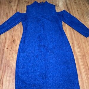 Tiana B. Blue Asymmetrical Bodycon Dress with Cold Shoulder and Long Sleeves